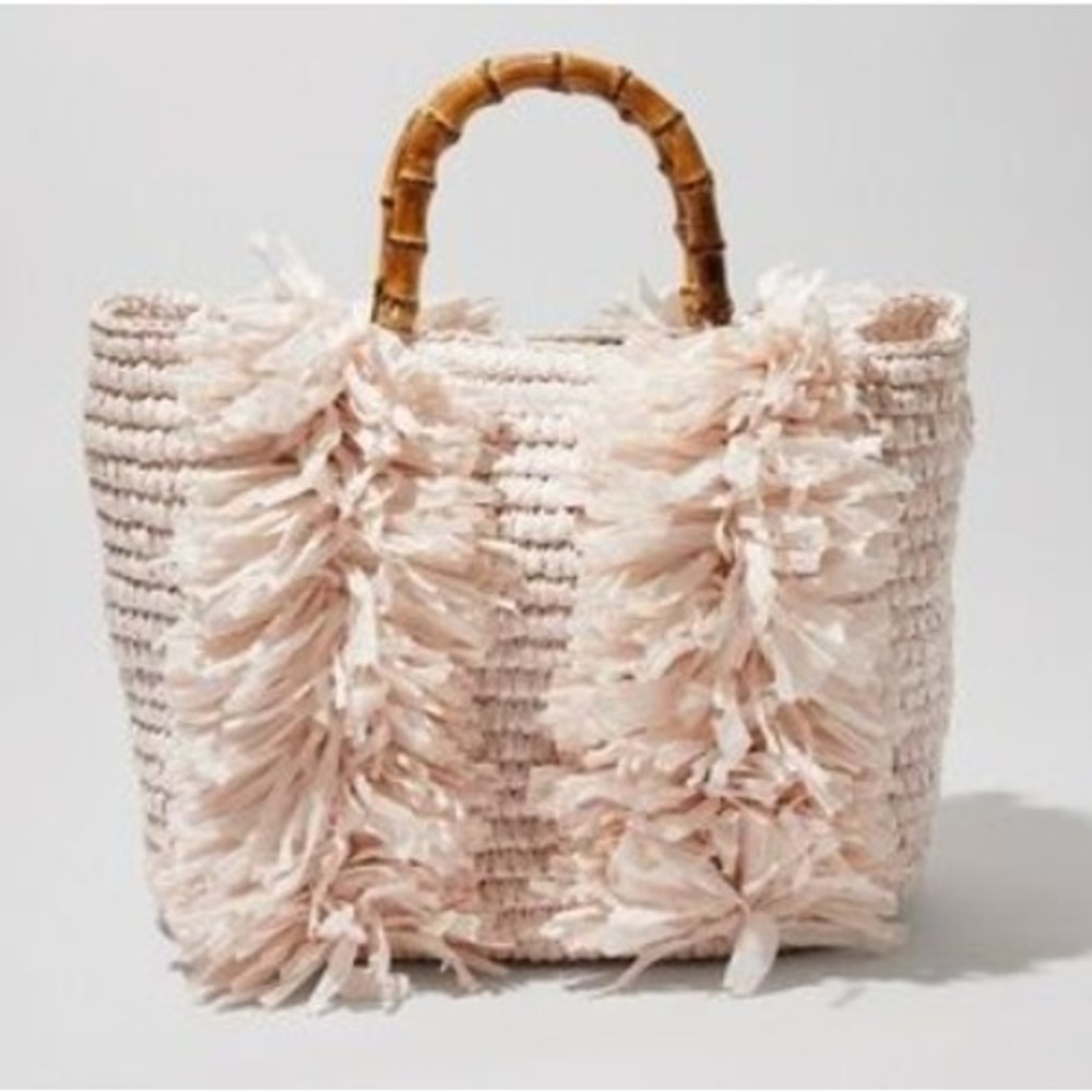 Chicos Pink Raffia Crochet Fringe Bag Bamboo Handle Crossbody Tote - Picture 2 of 15